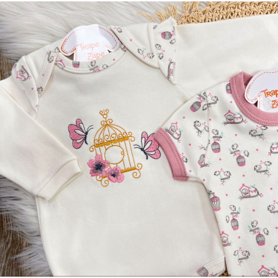 Conj. de Malha 3 peças - Gaiola de Passarinhos com Borboletas - Off White e Rose